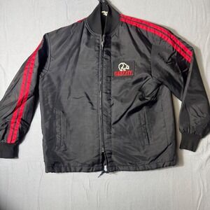 Vintage 80s Great Lakes Sportswear Grizzly Bomber Jacket Black Red Stripes Men L